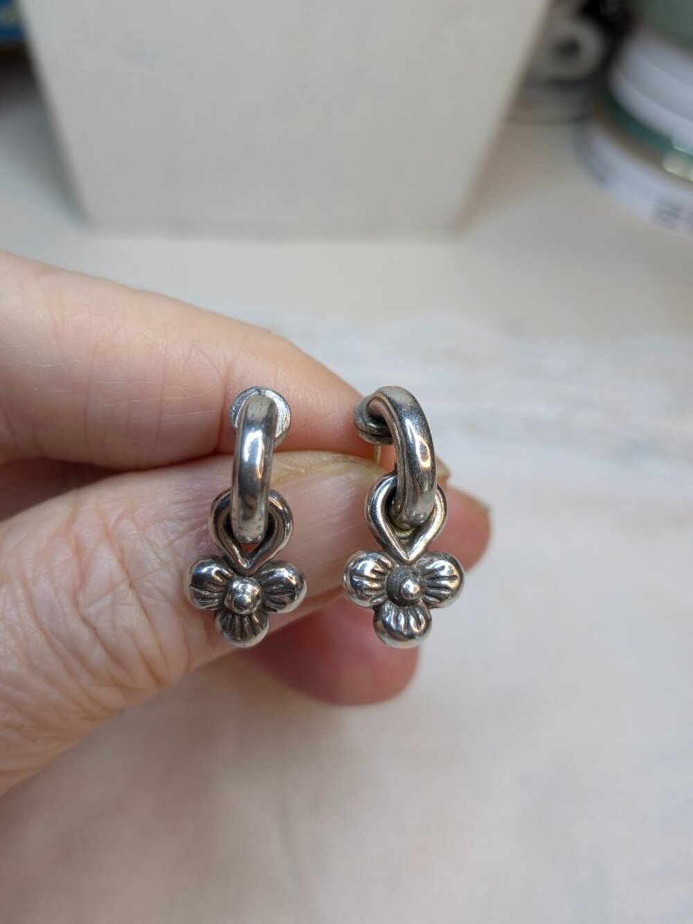 Brighton Silver Huggie Hoop Earrings with Flower Dangle – 1″ Post Back